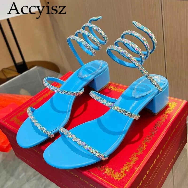 

2024 Summer New Women's Colored Crystal Decorative Sandals Solid Color Wrapping Sandals Fashion Sexy Banquet Bride Low Heels