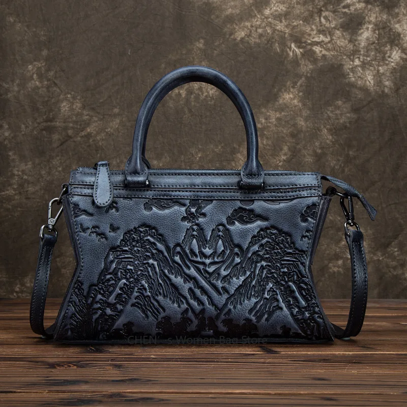 

Винтажная женская сумка из натуральной кожи 2025 года, сумка-тоут с тиснением ручной работы, повседневная сумка на плечо, кошелек