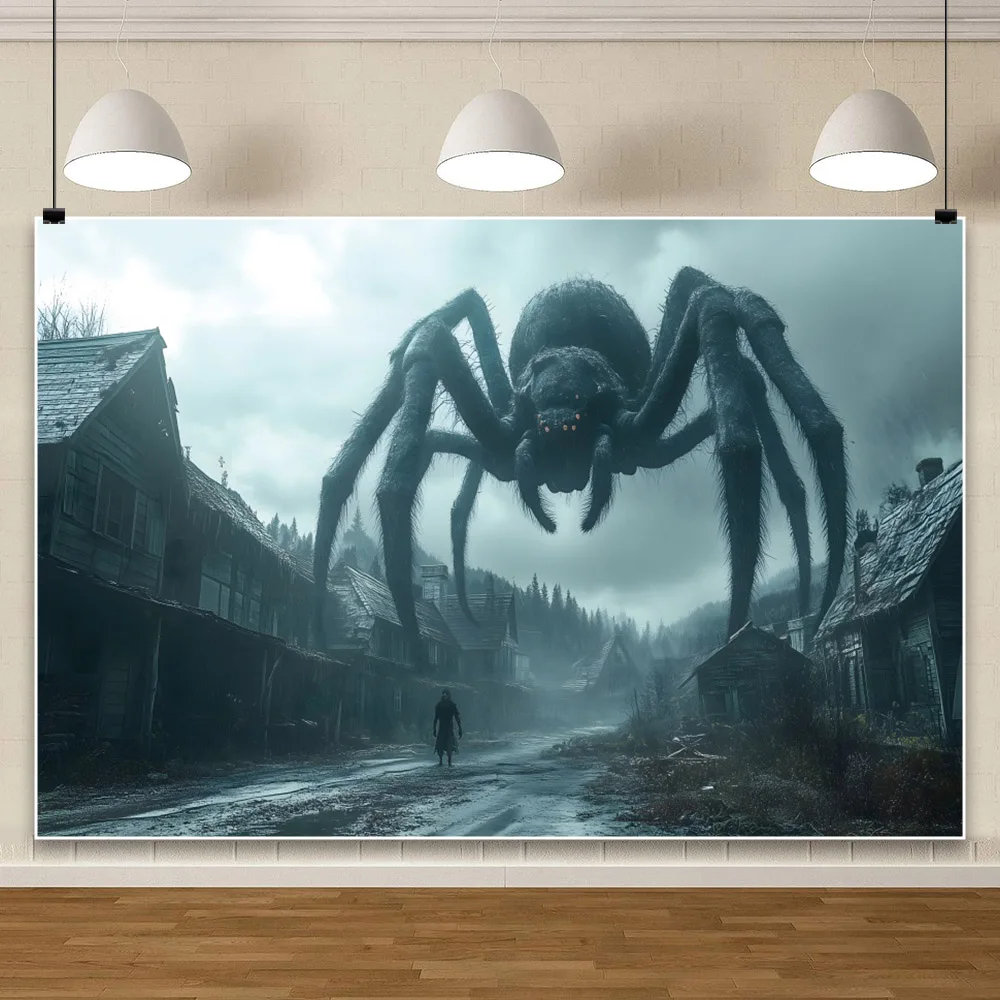 Giant Spider Photography Background Happy Halloween Monster Mist Village Horror Thriller Party Backdrop Photo Booth Supplies