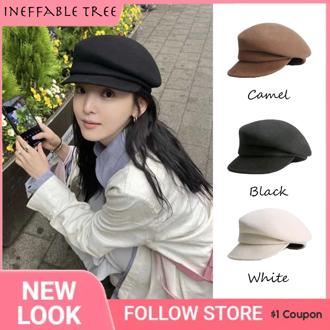 

High-end Japanese Wool Tweed Newsboy Cap Female Octagonal Hat Black Beret Sheep Felt Cap