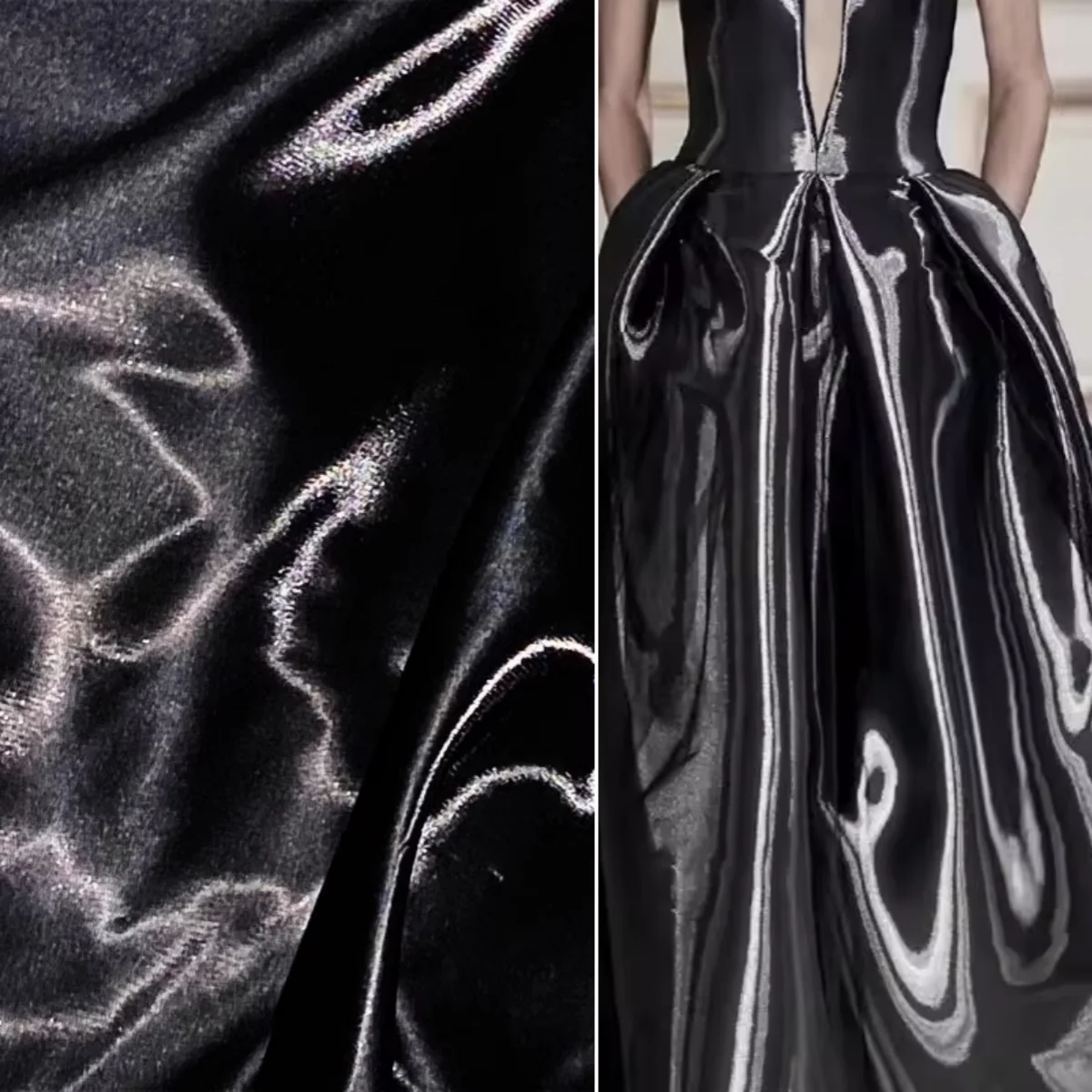 

Black reflective fabric liquid satin glossy clothing dress DIY Hanfu sewing designer specific smooth silk fabric sold by meter