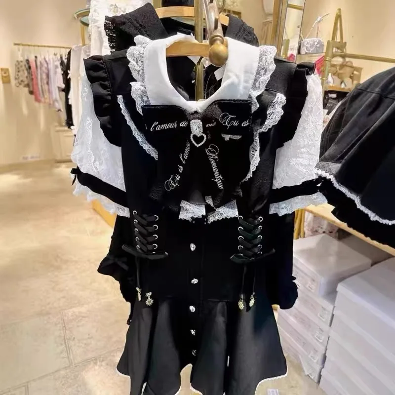 

Lolita Liz Suit for Women Diamond Buckle Heart Bow Short Sleeve Dress Dress with Shorts Girls Two Piece Sets Summer Autumn