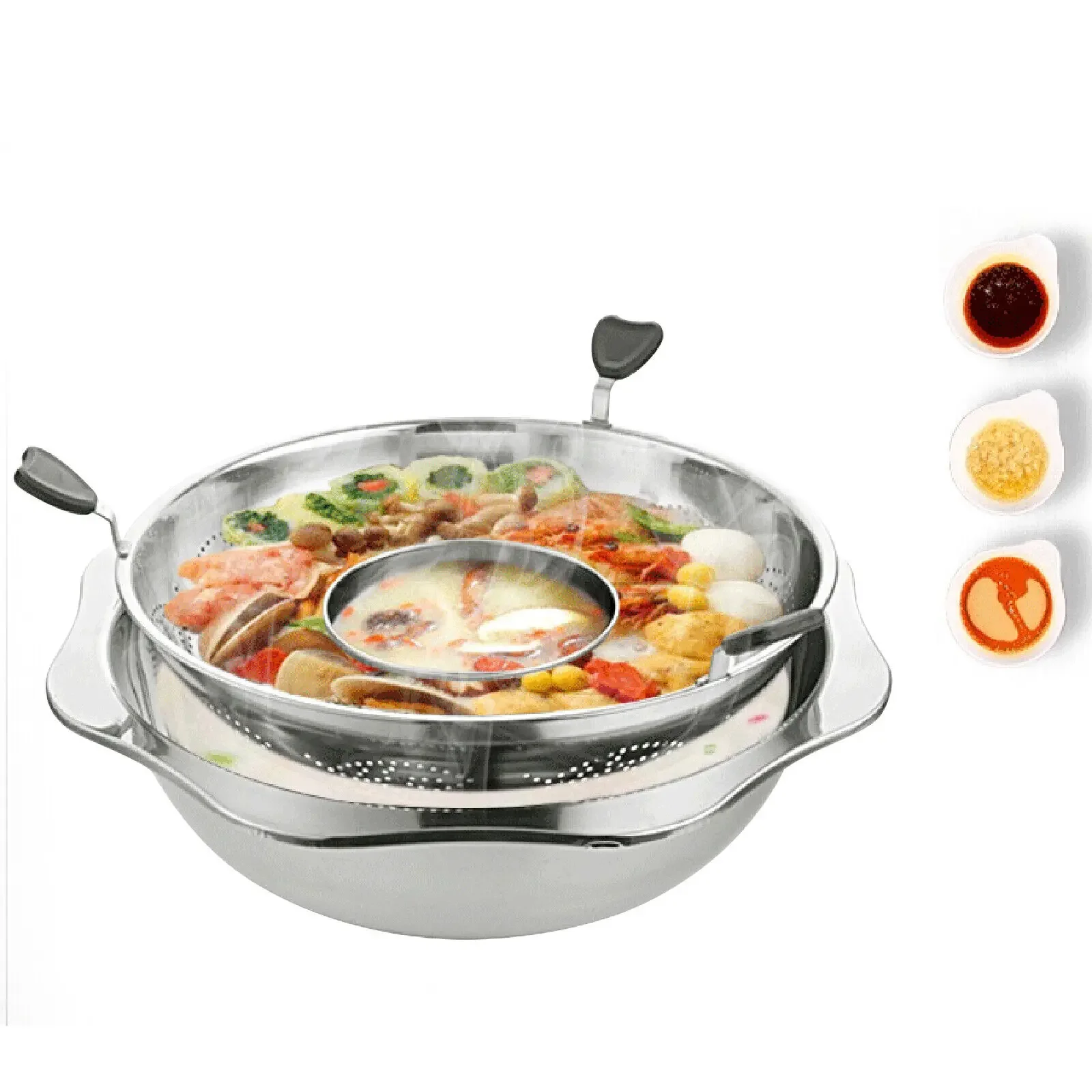 Destacável aço inoxidável Shabu Hot Pot, barco a vapor rotativo, dupla camada, novo