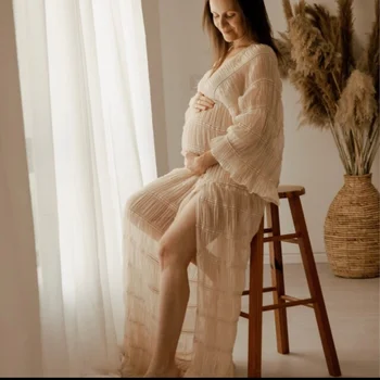 Ruche Geplooide Zwangerschapsjurk Boho Fotoshoot Jurk Beige Lange Mouw Baby Shower Jurk Zwangerschap Zwangerschaps Kleding