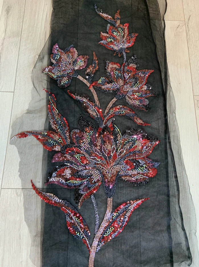 1 Piece Black Lace Fabric Patch with Luxury Colorful Beads Flower Applique for Wedding Dress,Ball Gown,Haute Couture Accessories