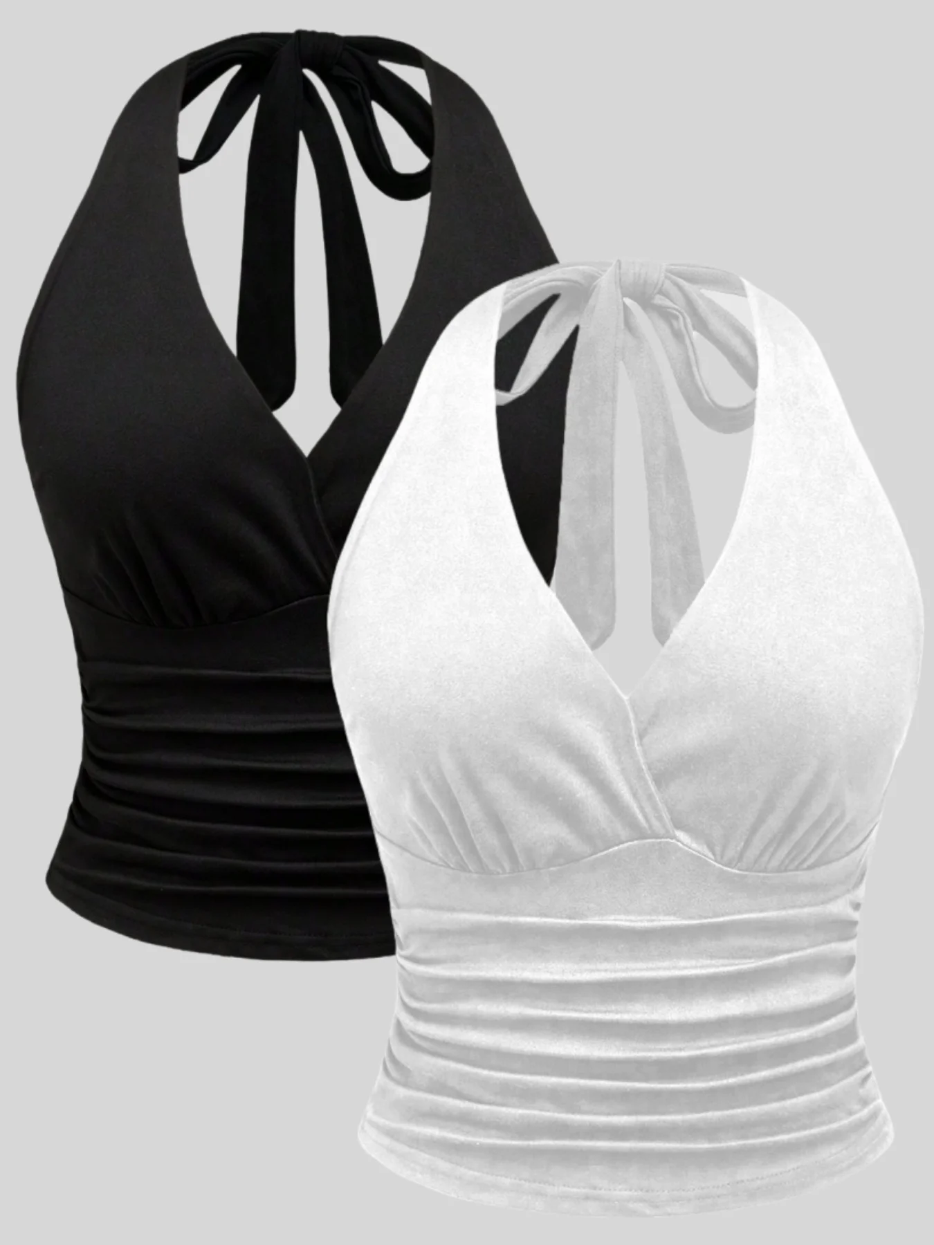 

Plus Size Women's 2 Piece Set Halter Neck Top Ruched Waist Slim Fit Solid Color Casual Summer Tank Tops Bundle