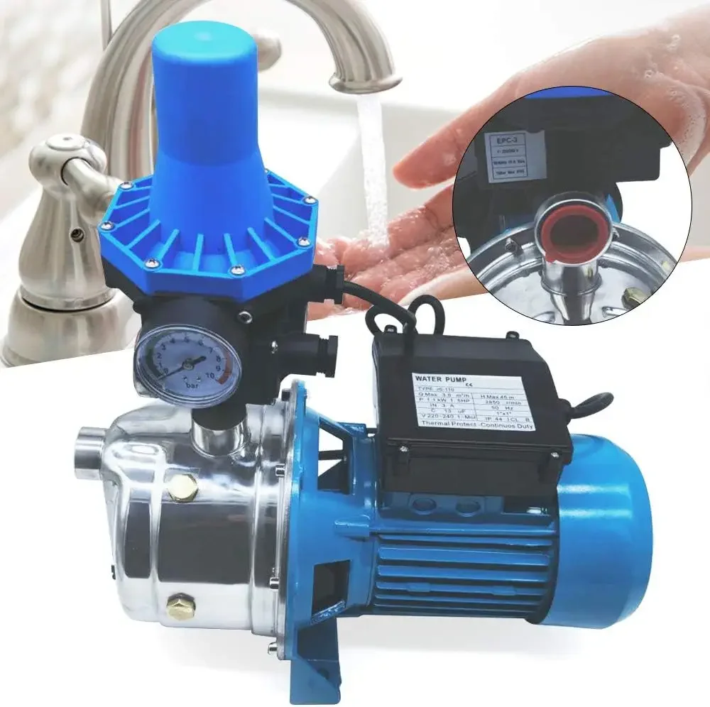 1100 W Edelstahlstrahlpumpe Wasserpumpe Gartenpumpe Kreiselpumpe Edelstahlstrahlpumpe mit Pumpensteuerung, 50 m