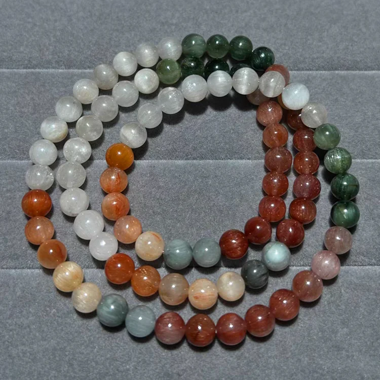 Natural Colorful Rutilated Quartz 3 Laps Bracelet 6.5mm Green White Rutilated Clear Round Beads Women Man Bracelet AAAAA