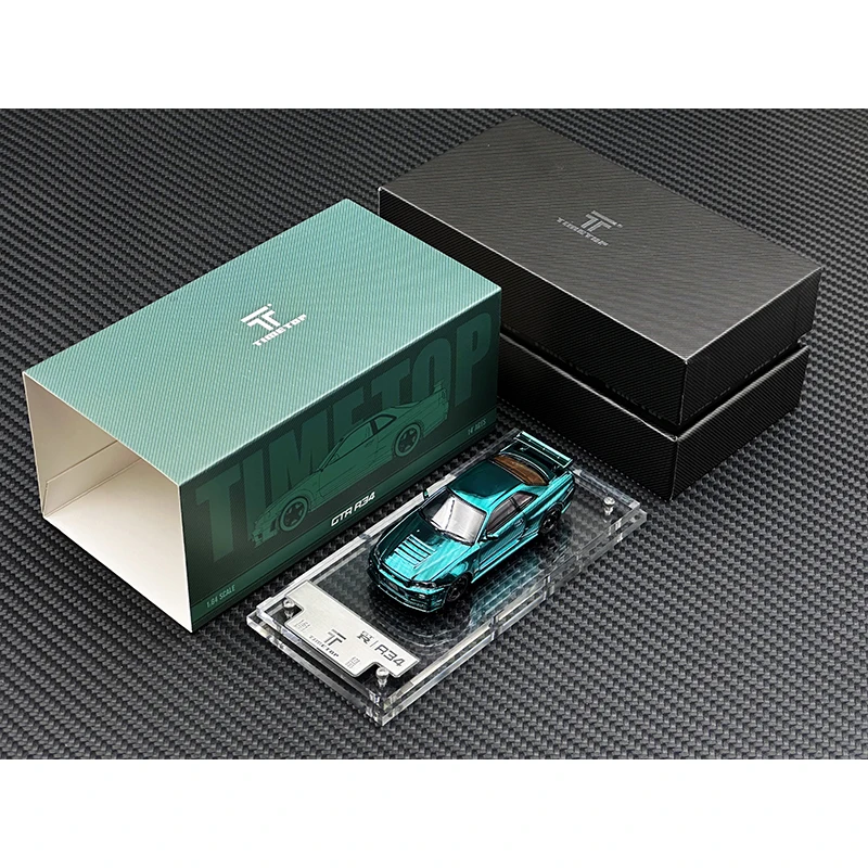 TM In Stock 1:64 Skyline GTR R34 Z TUNE Chrome Green Carbon Hood Diecast Diorama Car Model Time TOP Micro