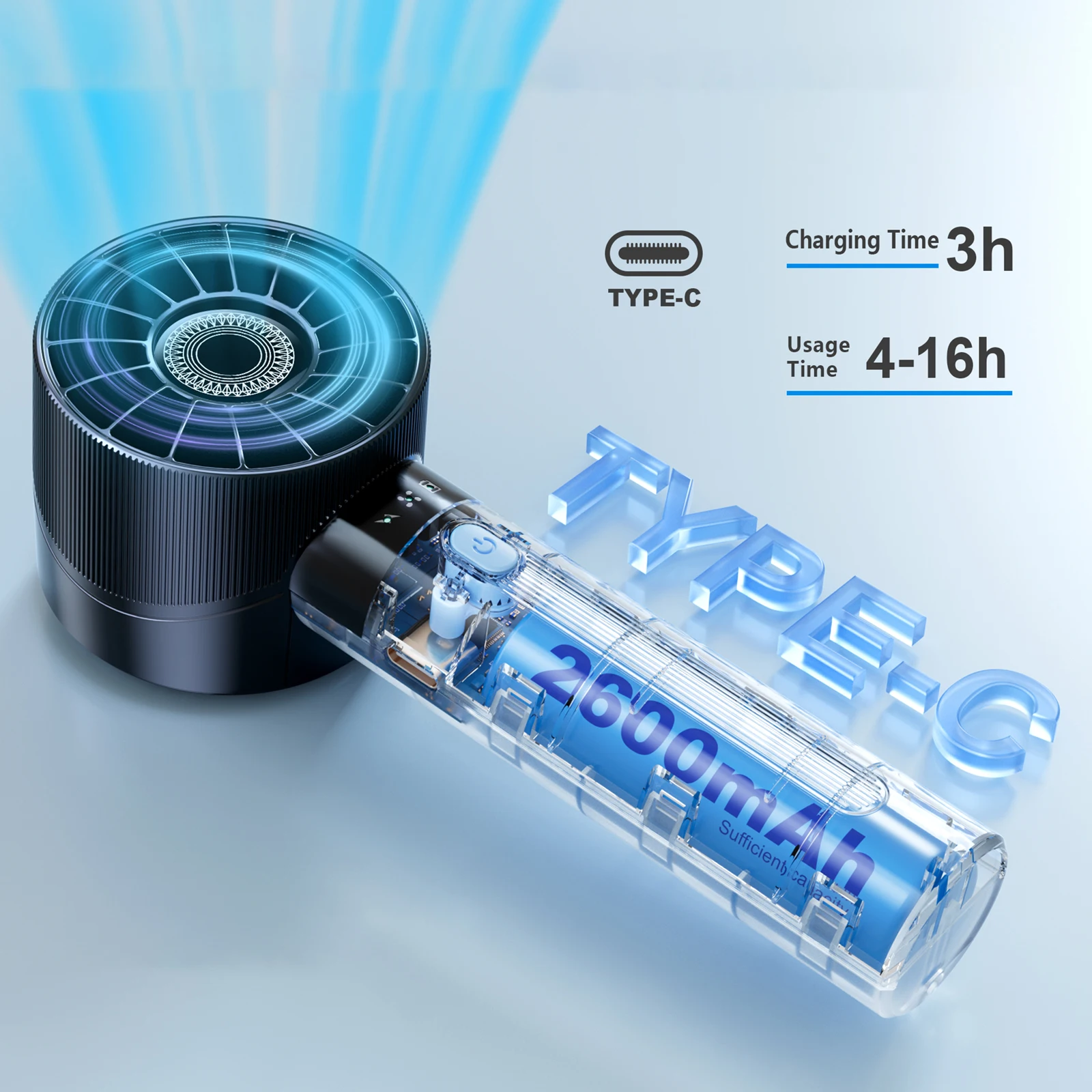 مروحة محمولة صغيرة محمولة - مروحة رقبة قابلة لإعادة الشحن عبر USB 4 سرعات، بطارية 2600 مللي أمبير في الساعة مع وقت تبريد 16 ساعة، شخصية خفيفة الوزن