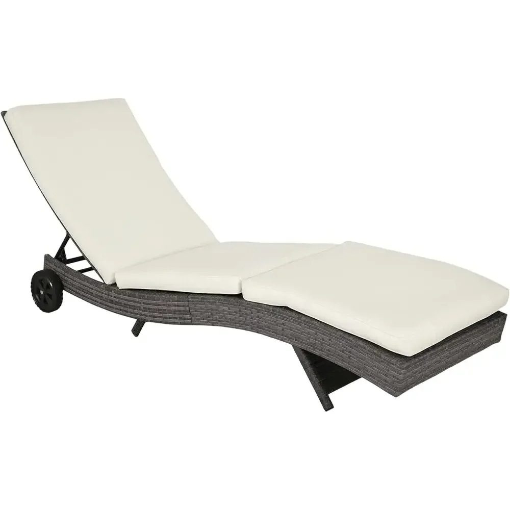 Outdoor Cushioned PE Rattan Chaise Lounge with Adjustable Backrest and Wheels, Cream White