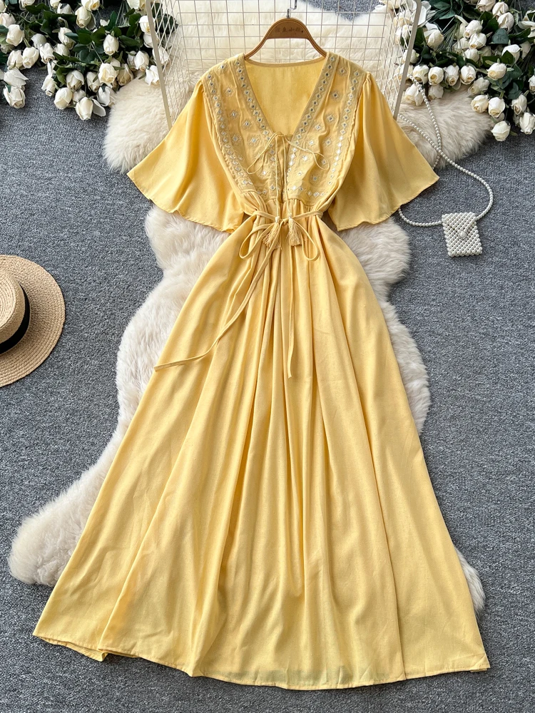 korean a line dress Style V-Neck Embroidered Women's Summer Short Sleeve A-Line Long Dress Slimming Holiday Vibes Polyester Fiber collection: vacation edit