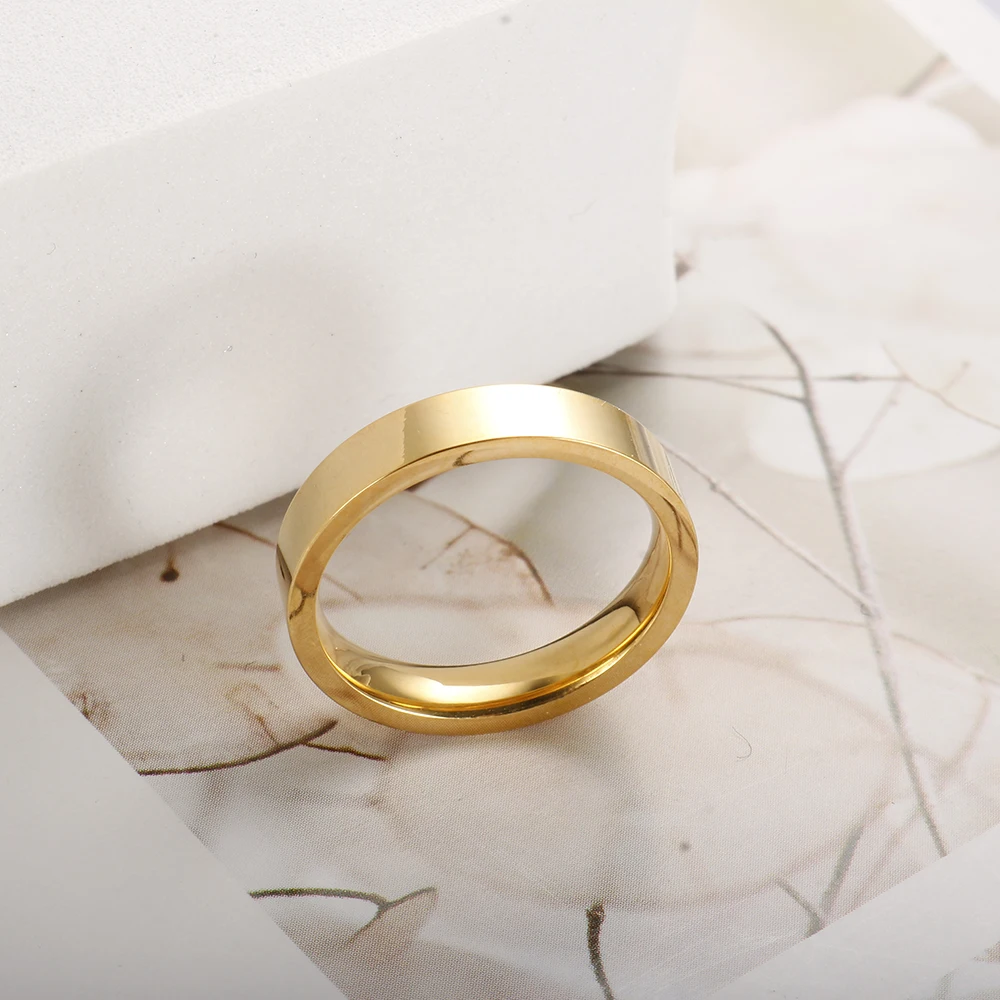 4mm Width Stainless Steel Gold Plated Simple Smooth Ring for Women Men Fashion Jewelry Gift