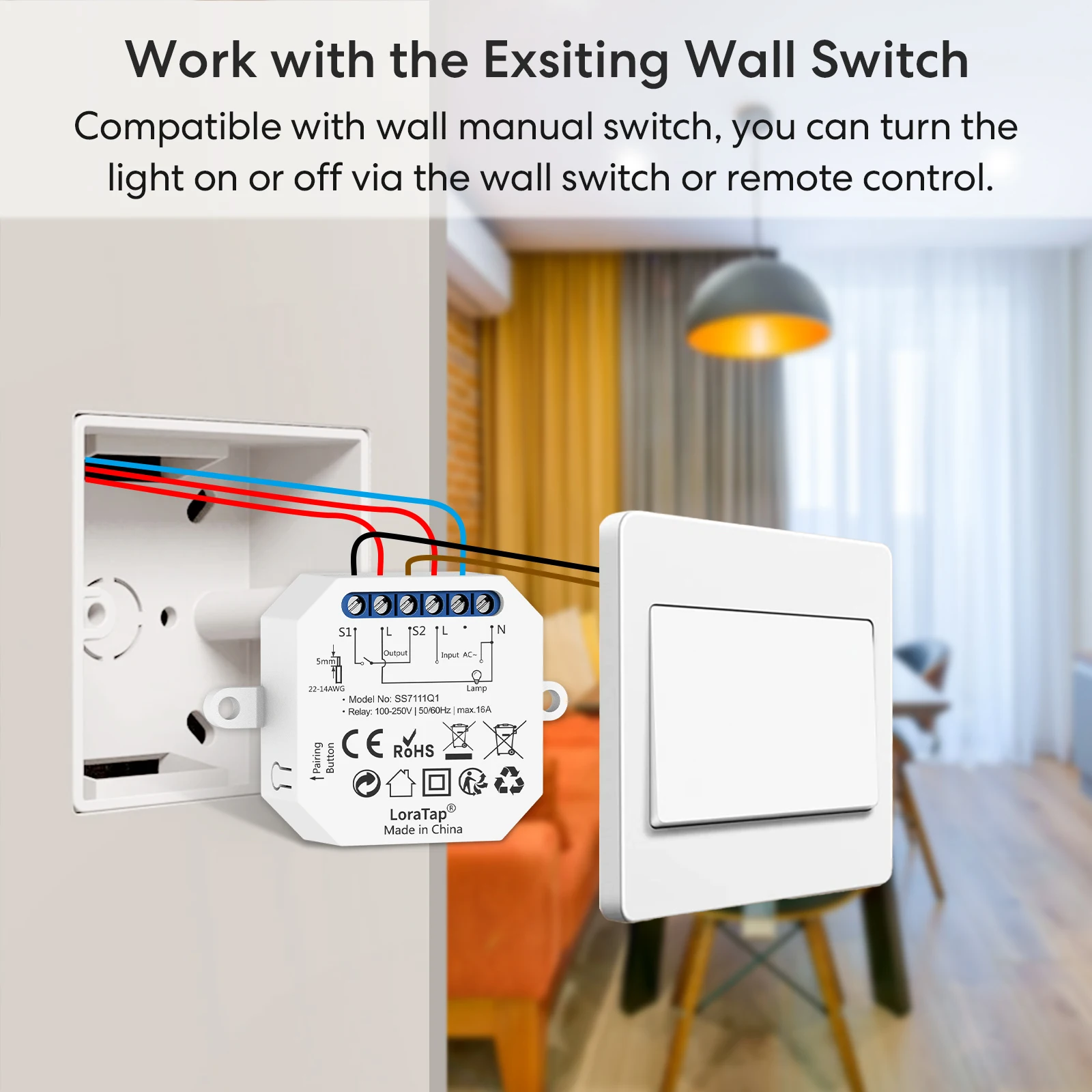 LoraTap 10A Wireless Socket Switch Relay Module RF 868Mhz Remote Control ON/OFF with Magnetic Remote Base Easy to Install