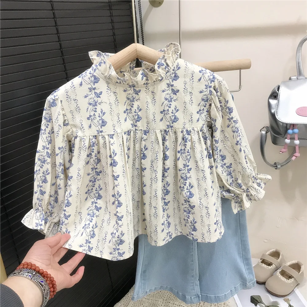 

Children's Clothing Girls Floral Shirt Top New Children's Denim Flared Pants Baby Girl Doll Shirt Spring and Autumn Clothing