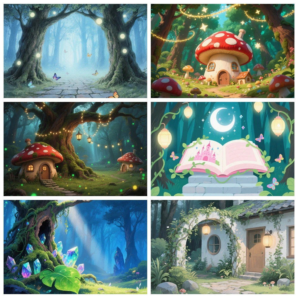 

Fantasy Forest Mushroom House Background Magic Book Children's Birthday Portrait Decoration Baby Background Photo Studio Props