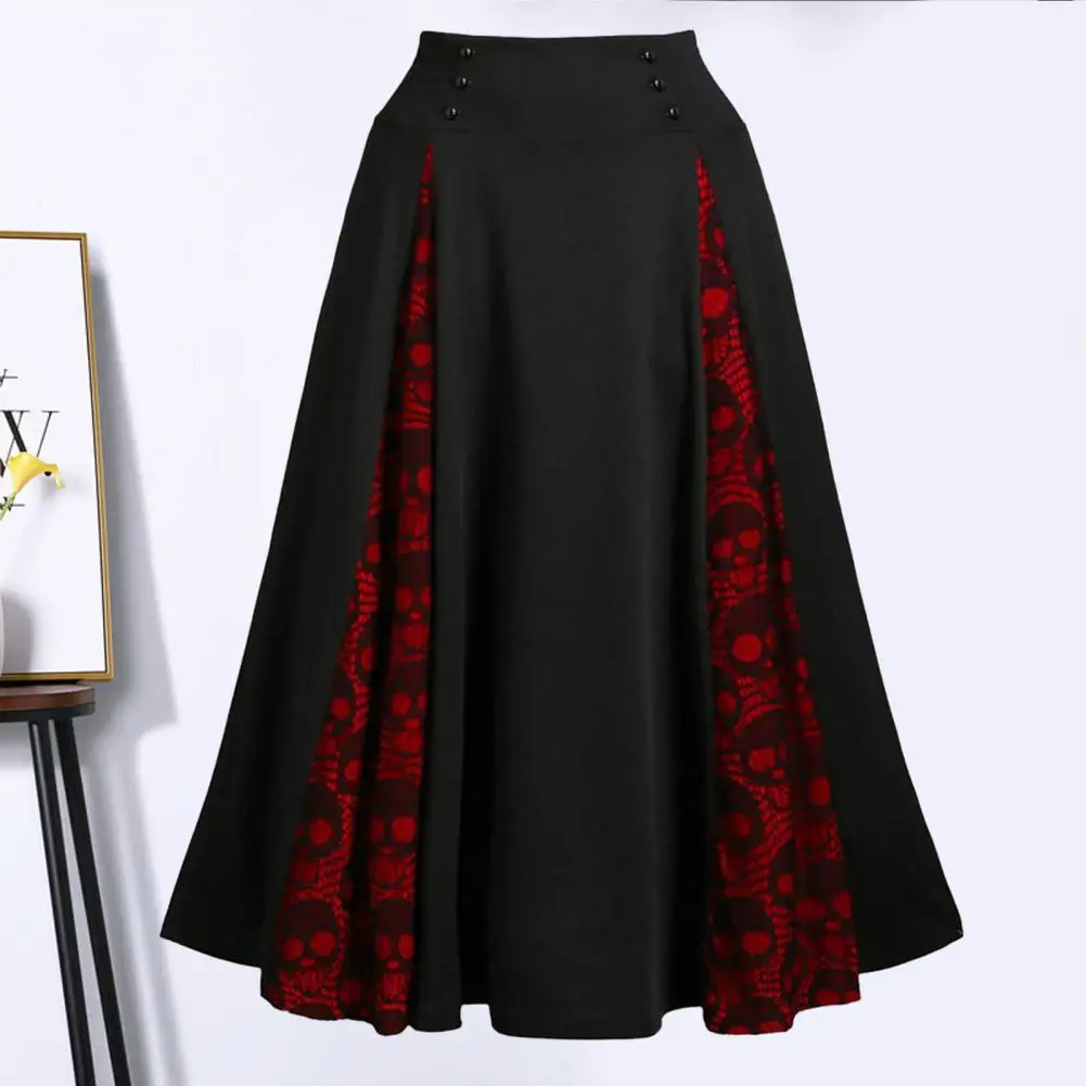 Faux Two piece Skirt High Waist Skirt Vintage Cosplay Skull Print A line Midi Skirt High Waist Lace Up Skull Print Skirt