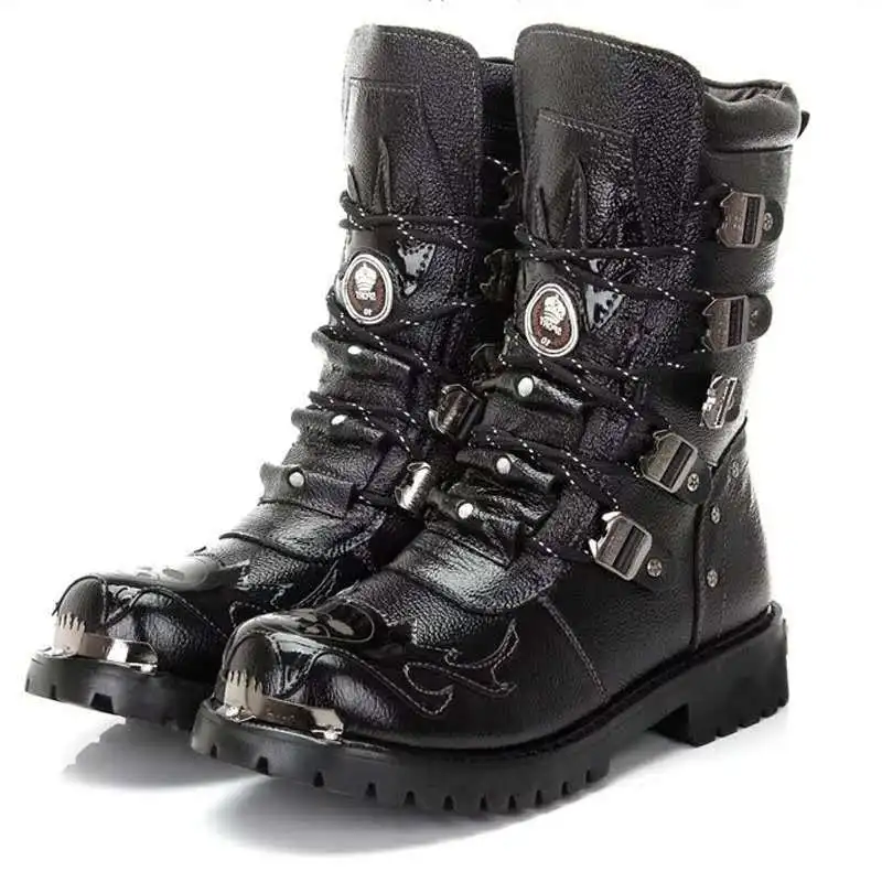Męskie zimowe buty motocyklowe 2025 Nowa moda Średni stan Gotyckie paski Punkowe buty męskie Skórzane PU Wysokie buty męskie Pluszowe Botas