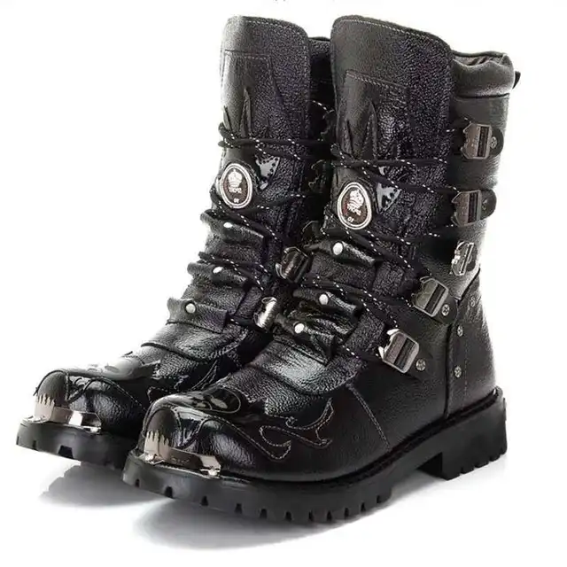 Męskie zimowe buty motocyklowe 2025 Nowa moda Średni stan Gotyckie paski Punkowe buty męskie Skórzane PU Wysokie buty męskie Pluszowe Botas