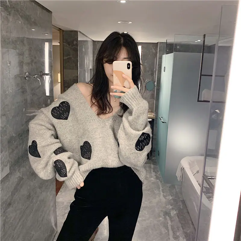 Long Sleeve Knitting Printing Ladies Pullovers Casual Autumn Winter Thin Interior Lapping Sweet Women\'s Clothing V-neck Sweaters