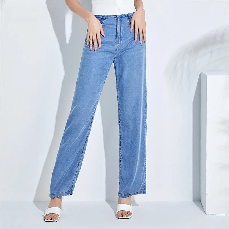 

Dailanzhi Summer New Women's Wide Leg Pants High Waist Straight Cut Silk Thin Denim Jeans Breathable Cool Sensation Long Pants