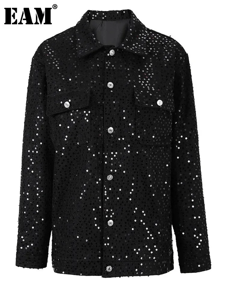 [EAM] Loose Fit Black Sequins Big Size Casual Jacket New Lapel Long Sleeve Women Coat Fashion Tide Spring Autumn 2025 CPG0733