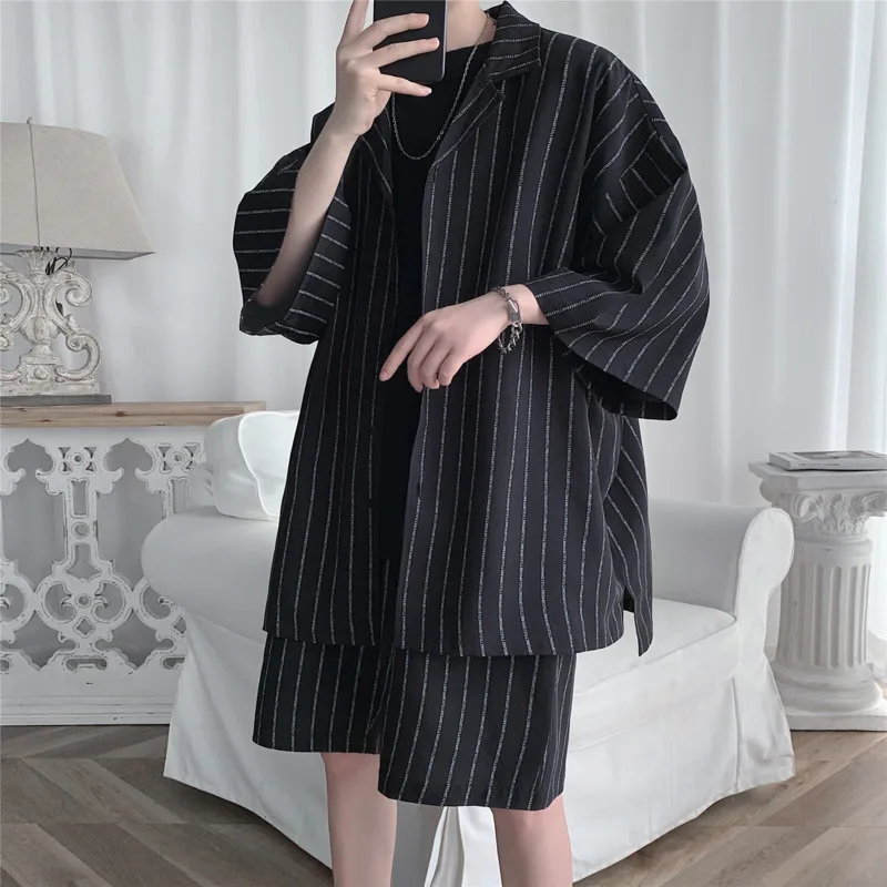Summer Shirt Sets Men Oversized Fashion Society Mens Black Formal Sets Korean Loose Casual White Striped Set Mens Plus Size 5XL