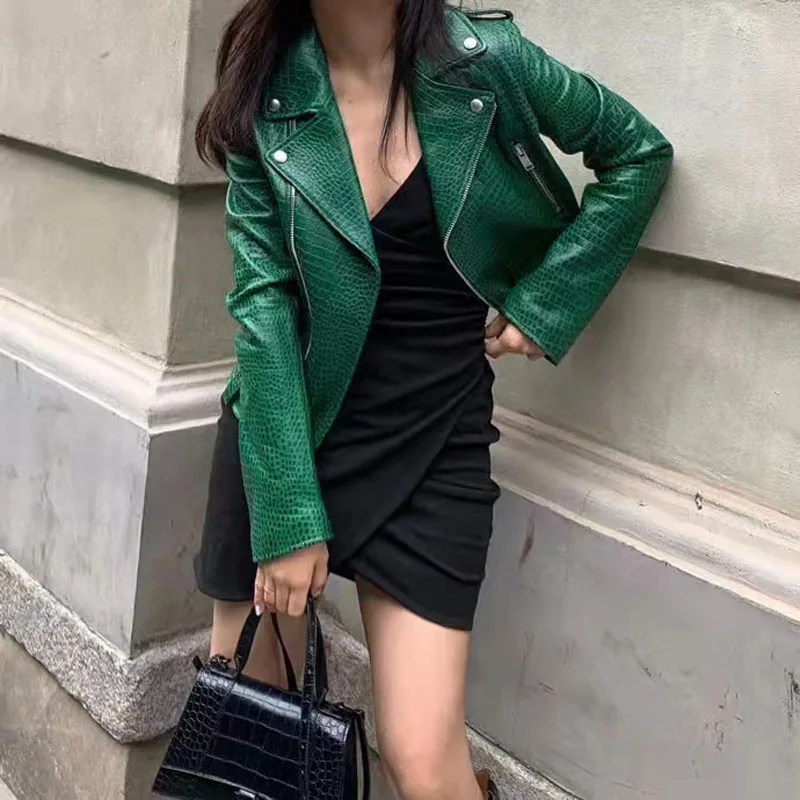 Short Length Coat Spring Women 2024 New Fashion Green Color Genuine Leather Jacket Crocodile Texture High Quality Locomotive