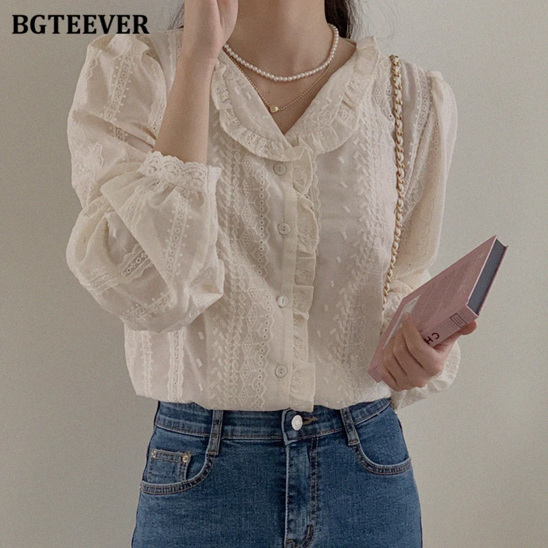 BGTEEVER Chic Spring Summer Fashion Lapel Women Solid Shirts Tops Casual Long Sleeve Loose Female Single-breasted Blouses