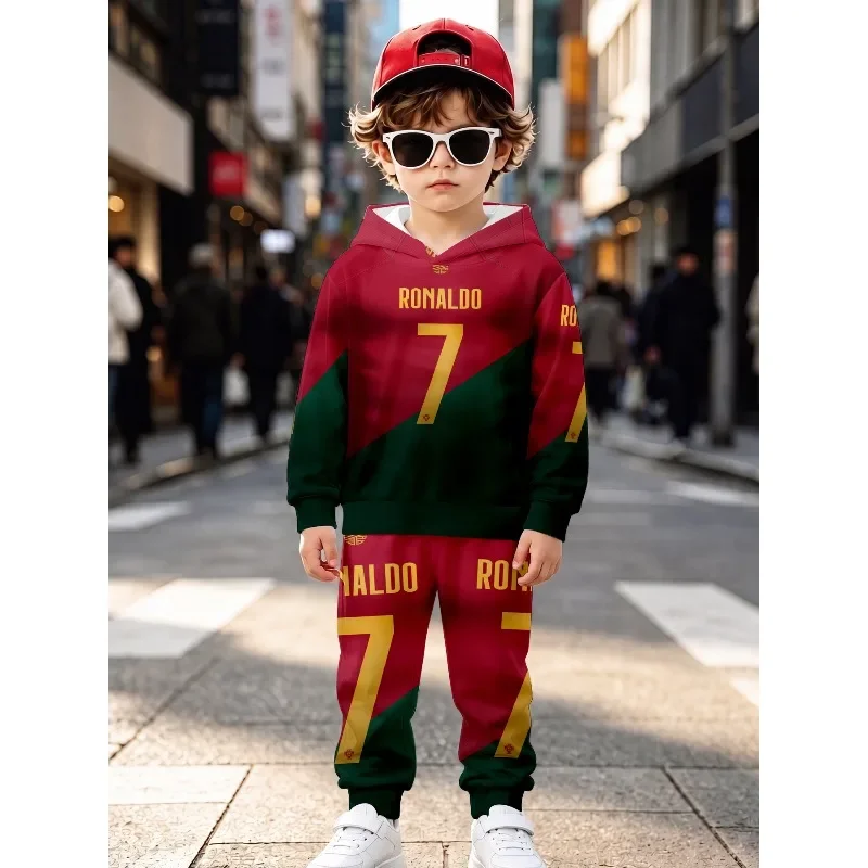 Kids Soft Hoodie Jogger Set, Ronaldo No.7 Golden Lightning Breakthrough Portrait Print, Boys Soccer Casual Outfit