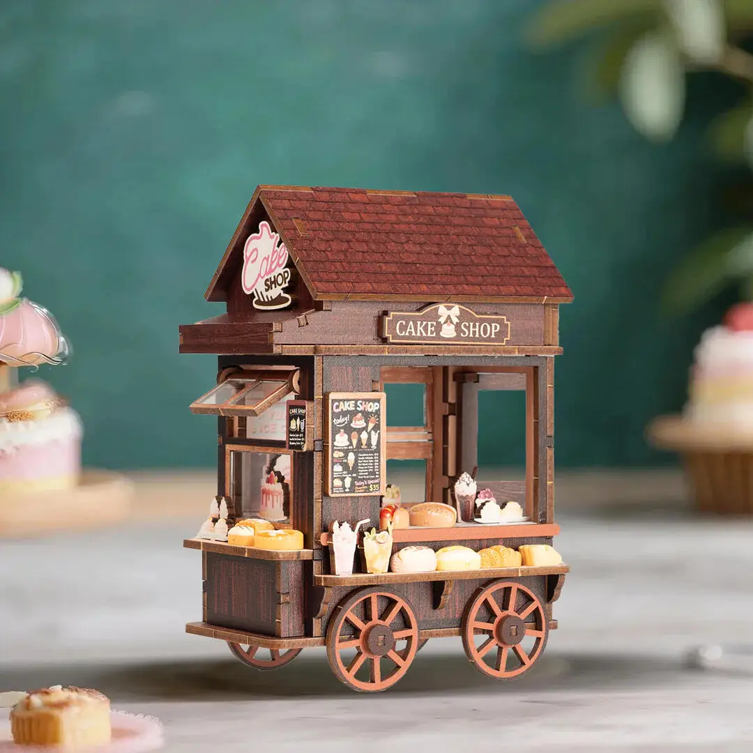 DIY Cake Shop Mini Casa Miniatur-Modellbausätze aus Holz mit LED-Leuchten Puppenhaus mit Möbeln 3D-Puzzle für Freunde Geburtstagsgeschenk