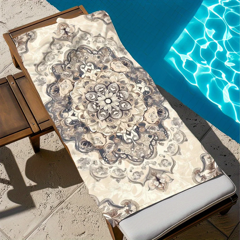 Beige Ornate Mandala Print Quick Dry Microfiber Beach Towel, Elegant Boho Floral Oversized Towel for Summer Swim and Pool Use