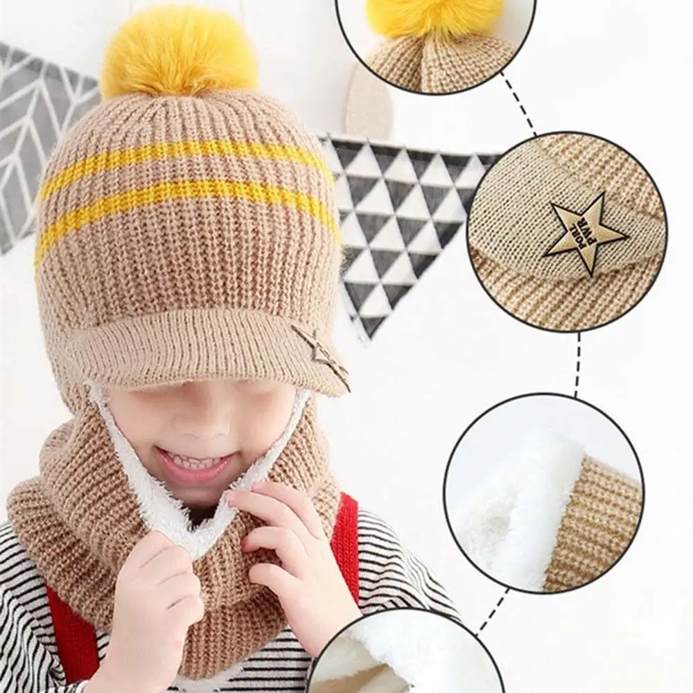 Toddler Warm Headwear Fleece Lining With Scarf Neck Warmer Knitting Hat Children Winter Hats Baby Bonnet  Caps