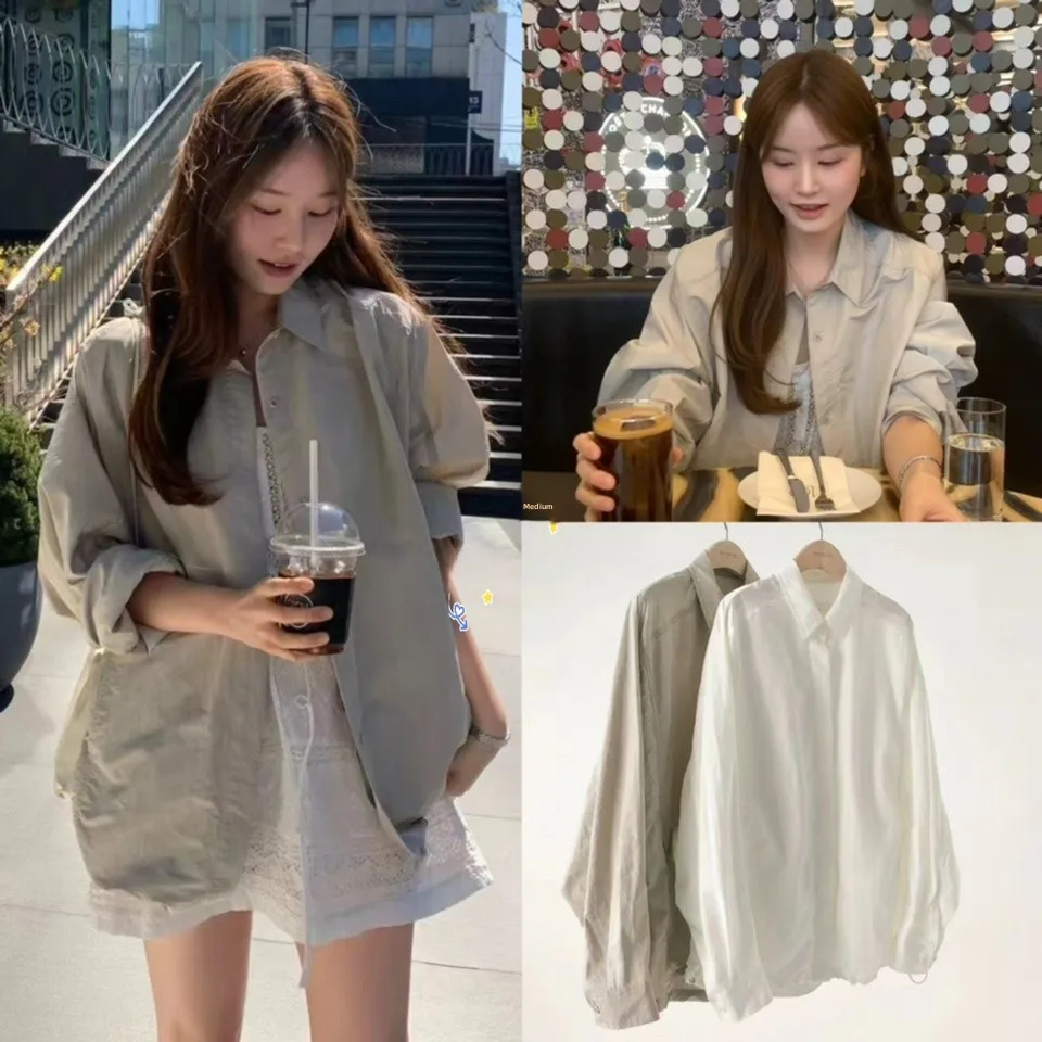 

Spring Summer 2025 Ounce Korean Sle Collar Light Thin Pleated Long Sve Single Button Sun Protection irt Women's F...