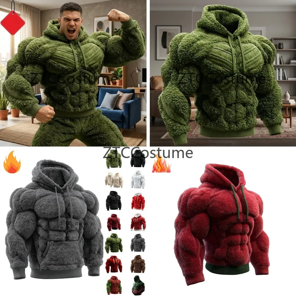 

Cosplay Mens Muscle Print Hooded Sweatshirt Flannel Long Sleeve Pullover Hoodie Solid Color Abdominal Shape Design