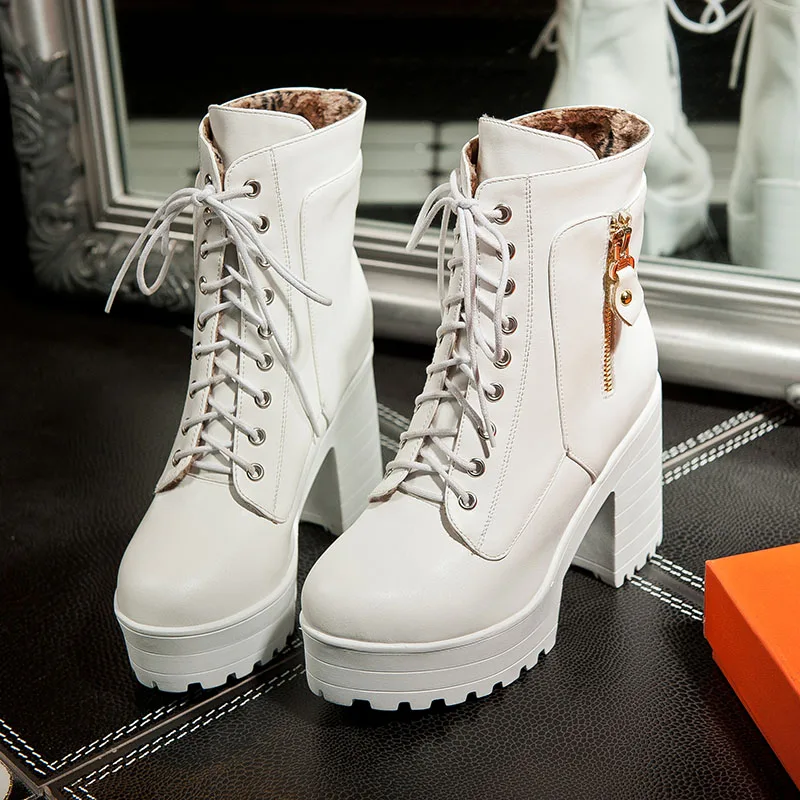 

Lace-up Cross-tied White Beige Brown Platform Winter Shoes for Women Leisure Luxury Square Chunky High Heels Ankle Short Boots