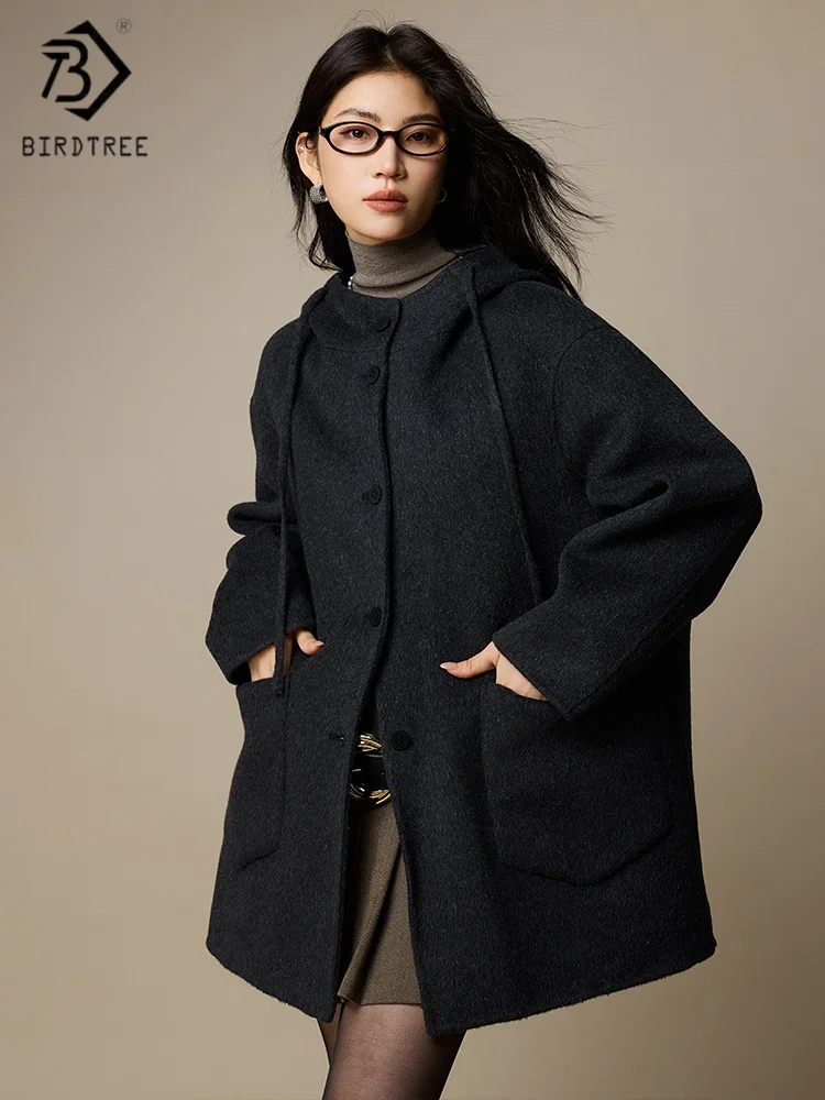 Birdtree، معطف قصير من صوف الأغنام بنسبة 70%، قطع علوية نسائية بغطاء للرأس، صوف مزدوج الجانب، معطف خريف وشتاء 2025، أبيض، رمادي، وردي T5N514JF #1