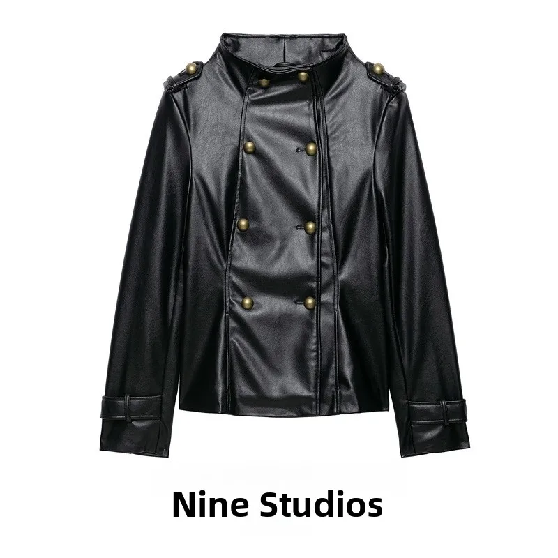 Nine Zar Women's PU Leather Effect Jacket Stand Collar Button Decorated Long Sleeve Regular Length Winter Fashion Outerwear