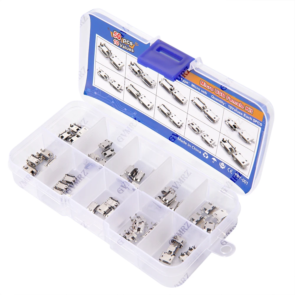 50PCS 10Values Micro USB Female Connector Kit for Electronics DIY & Repair Projects IC