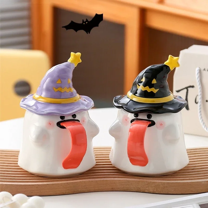 Taza fantasma con tapa para decoración del hogar de Halloween, taza de cerámica, regalo de compañero, taza de agua, tazas para beber para parejas, Halloween