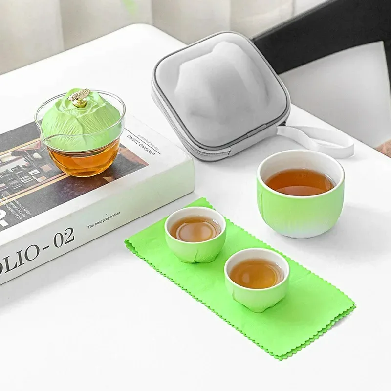 A Pot of Three Cup Express  Tea Set, Portable Outdoor Kungfu   Ceramic Travel   in The Shape  Cabbage