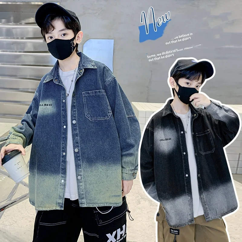 

Boy Long Sleeves Shirt Age 4-14Y Child Autumn Classical Tie-Dye Denim Jacket Child Shirt Outdoor Wear Tween Casual Fashion Coat