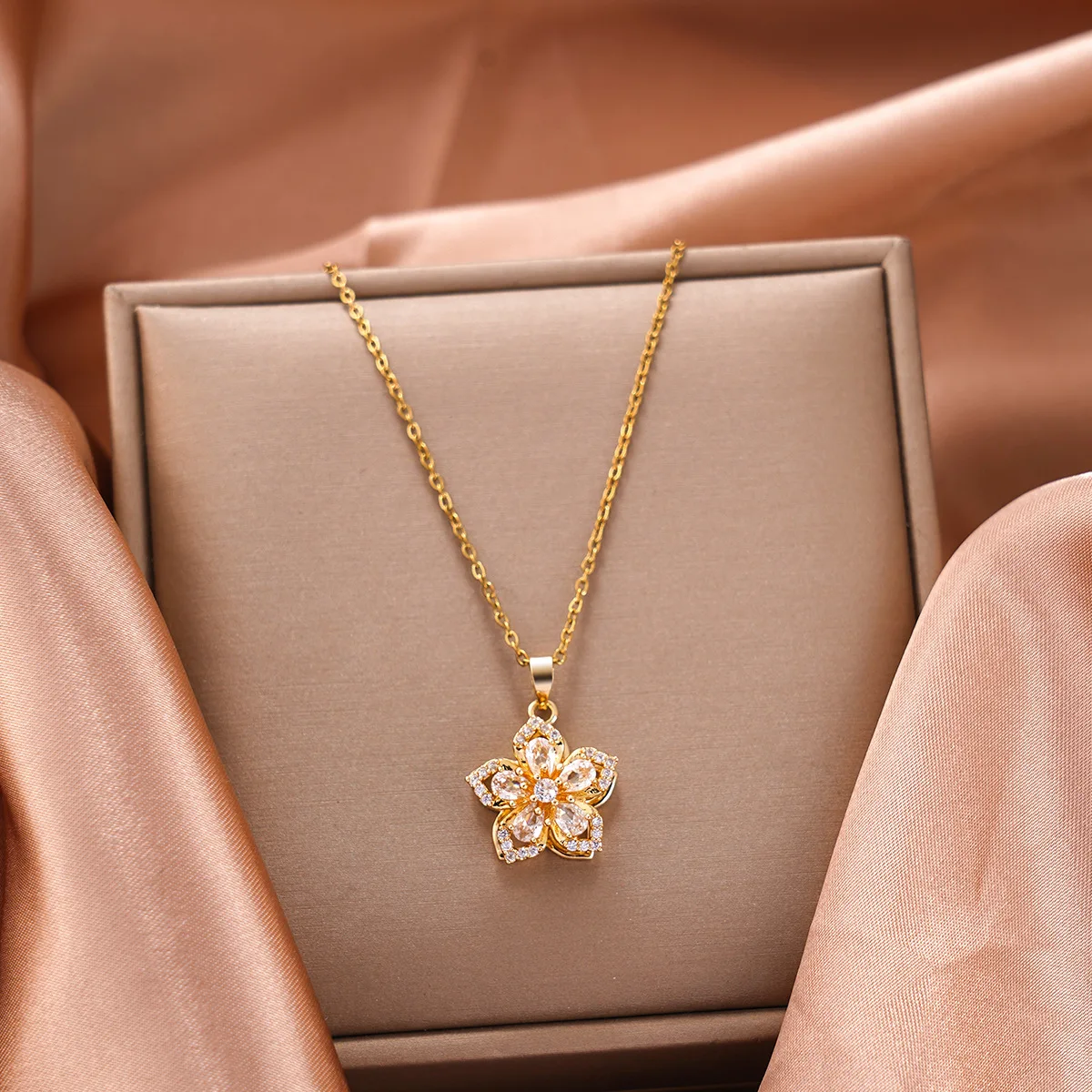 Gold color Stainless Steel Rotatable Flower Zirconia Pendant Necklace Charm - Romantic Luxury Jewelry for Women And Girls image 4