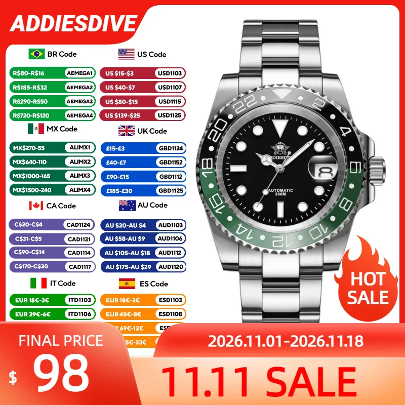 ADDIESDIVE AD2503 Stainless Steel Automatic Watches 8215 Mechanical Relogio Masculino Waterproof Sapphire Glass Luminous Watches