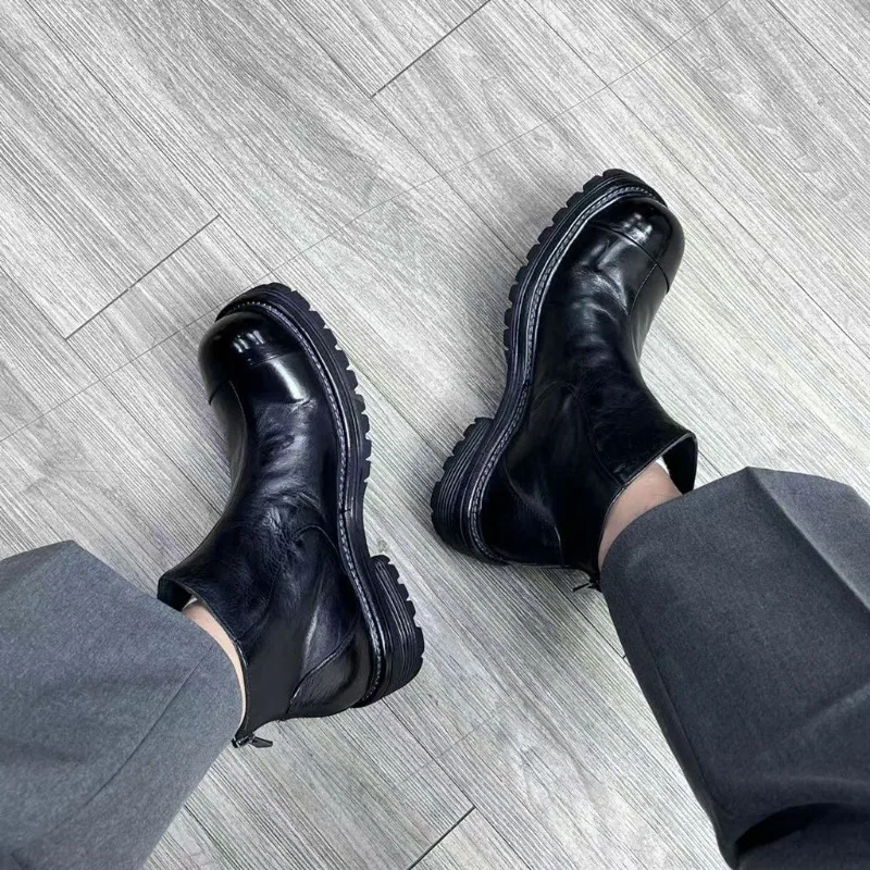 

Thick Sole High Top Business Chelsea Work Leather Boots Male Youth Vintage Genuine Leather Casual Chelsea Boots Men's Shoes