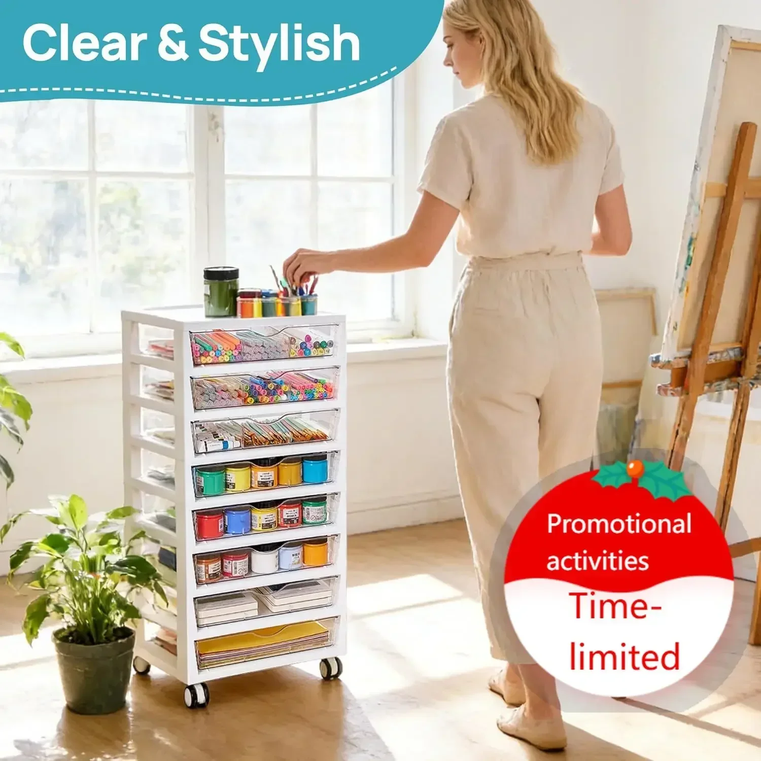 8 Tier Rolling Cart with Drawers, Clear Plastic Drawers with Removable Dividers for Art &Office Supplies, Beauty Products, Toy,