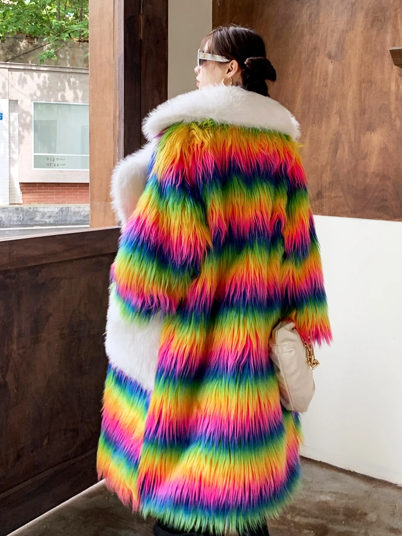 Lady Personalized Rainbow Faux Fur Coat Contrast Color Long Jacket Female Streetwear Women\'s Winter Coats Performance Costume