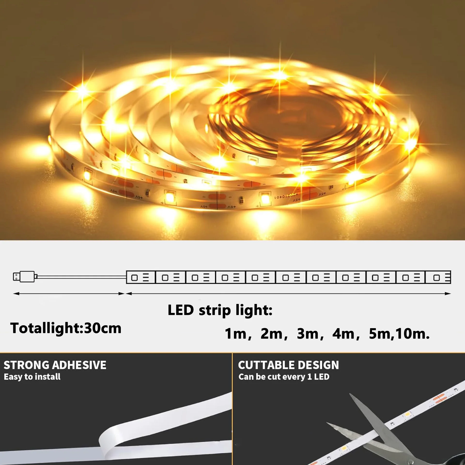 5M /16.4ft 2835 LED  Lamp USB Flexible Lights TV Desktop Screen Backlight Diode 5V DC Warm White Light Shearable