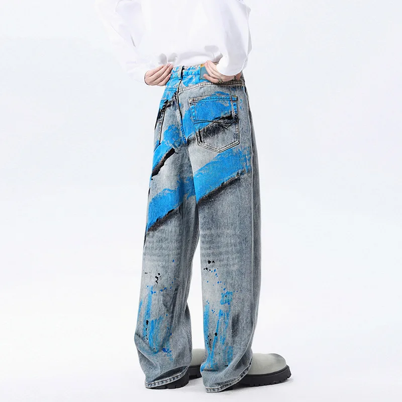 【Mirrordust】Jeans de inyección de tinta irregulares pintados a mano de estilo americano, pantalones largos rectos degradados lavados drapeados sueltos de calle alta para