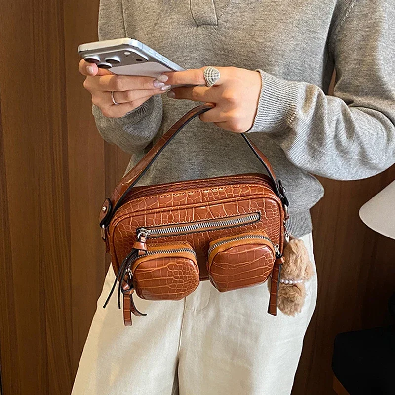 Mehrteilige Umhängetasche mit Krokodilmuster, Damen-Sling-Bag, Messenger-Bag mit Reißverschluss, einfarbige Outdoor-Handtasche – Detail 8
